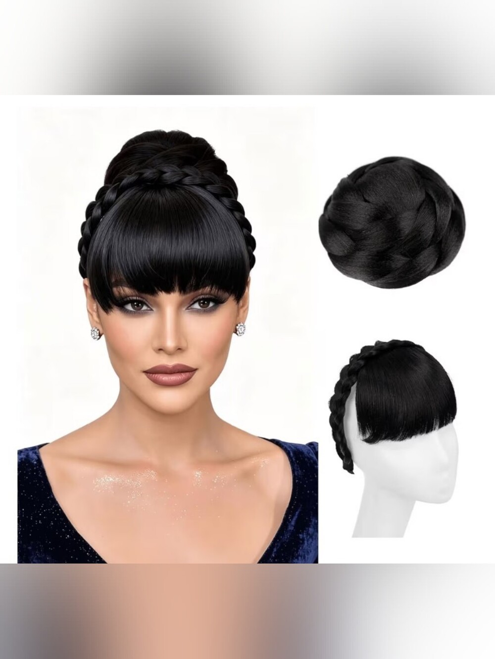 Hair Bun & Braided Bang Set Quick Updo Hair Piece Jet Black